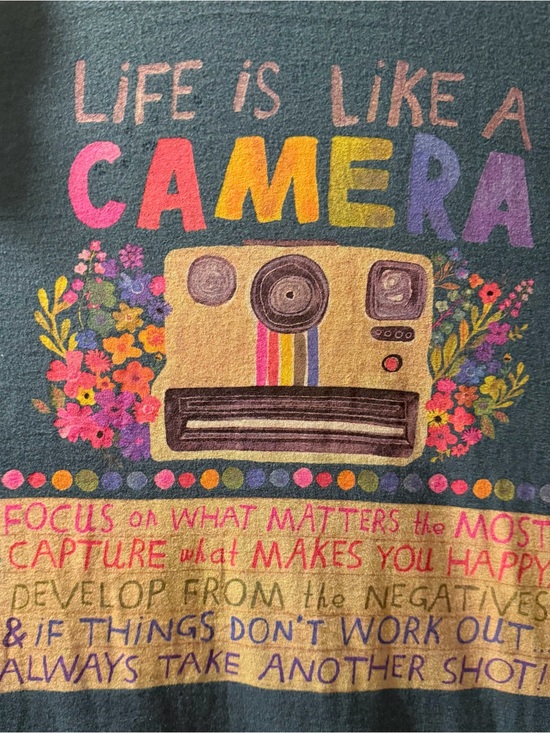 NATURAL LIFE Tops - NATURAL LIFE Teal Tee with Multicolor Camera & Floral Graphic